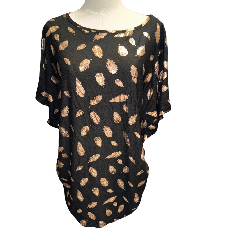 Rouge Collection Womens 2X Black Gold‎ Metallic Feather Dolman Ruched Top Blouse